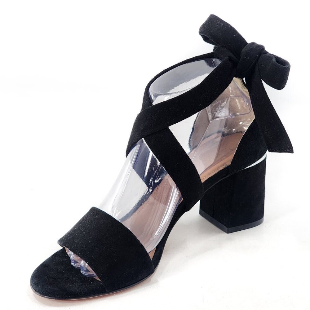 LEWIT Black Suede Wrap Around Tie Lace Up Block Heel Sandals Size 39.5